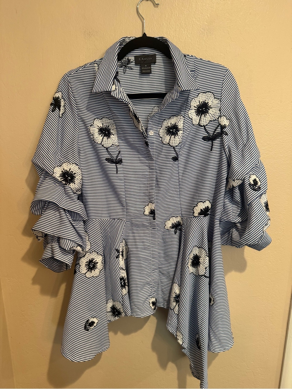 Navy and White Striped Embroidered Floral Ruffle Sleeve Button-Down Blouse